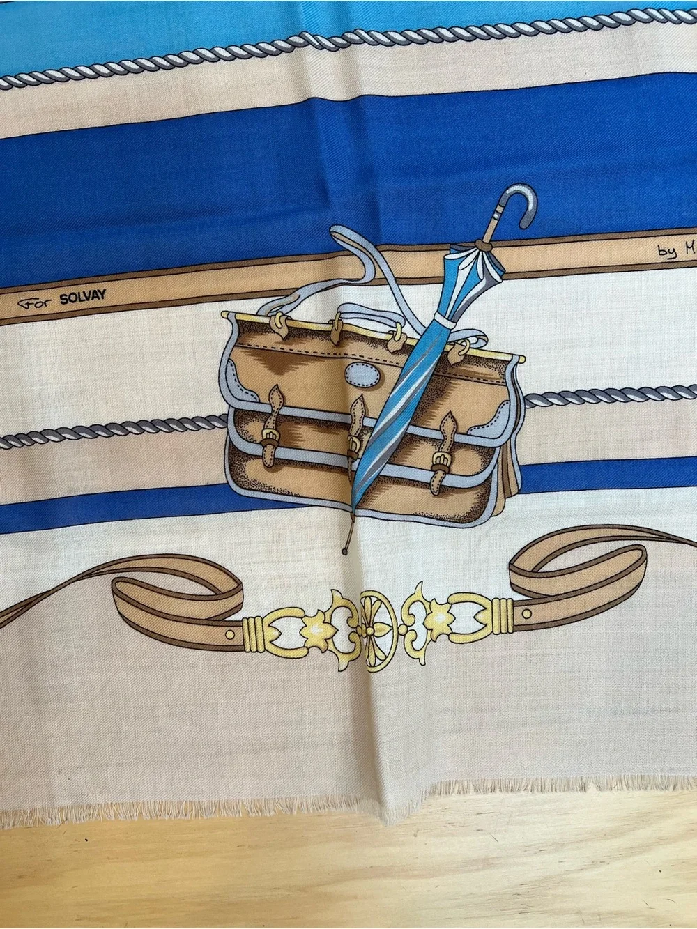 Blue and Cream Decorative -Style Square Scarf 52”X52”.